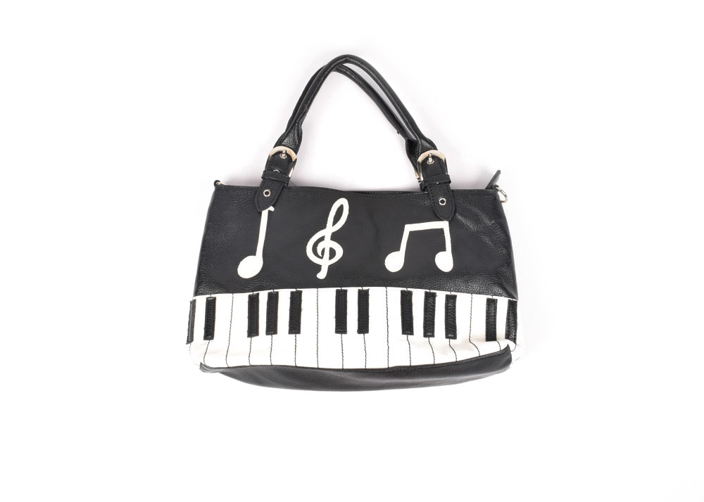 Black and White Vinyl Handbag with Musical Notes and Piano Keys