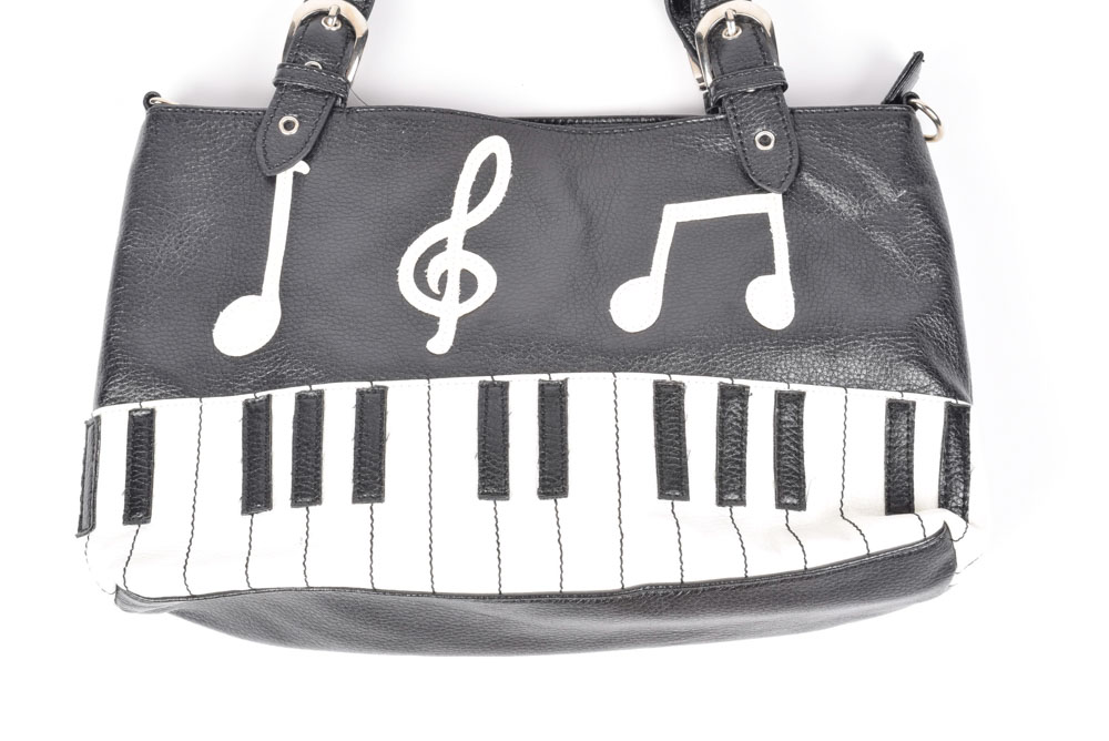 Black and White Vinyl Handbag with Musical Notes and Piano Keys