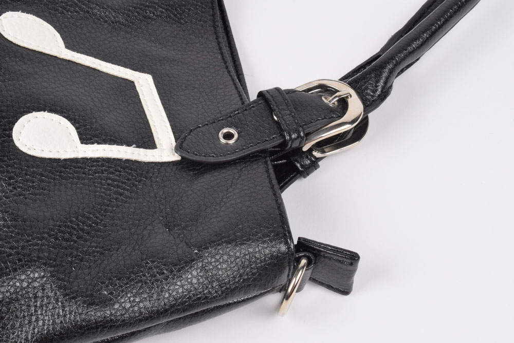 Black and White Vinyl Handbag with Musical Notes and Piano Keys