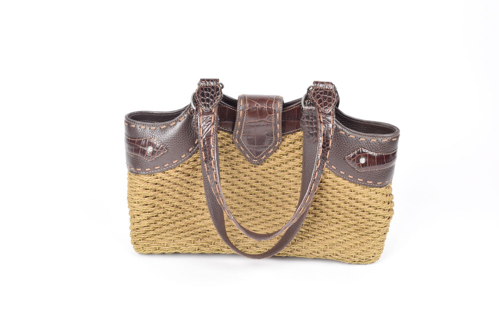 Brighton Leather and Woven Straw Handbag