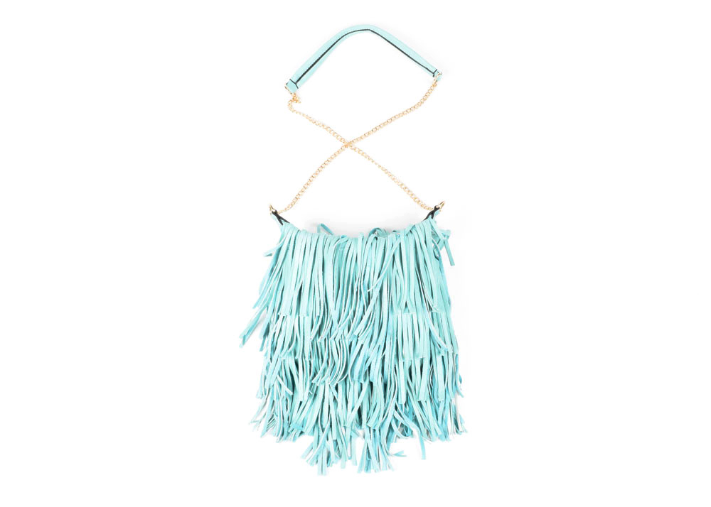 YOKI Aqua Blue Vegan Faux Leather Fringe Purse with Goldtone Chain Strap