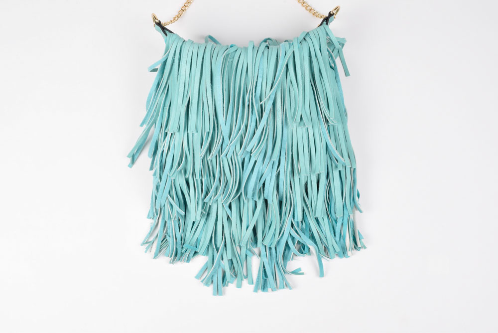 YOKI Aqua Blue Vegan Faux Leather Fringe Purse with Goldtone Chain Strap