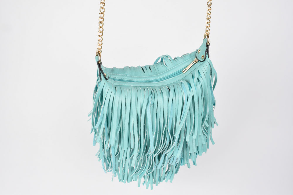 YOKI Aqua Blue Vegan Faux Leather Fringe Purse with Goldtone Chain Strap