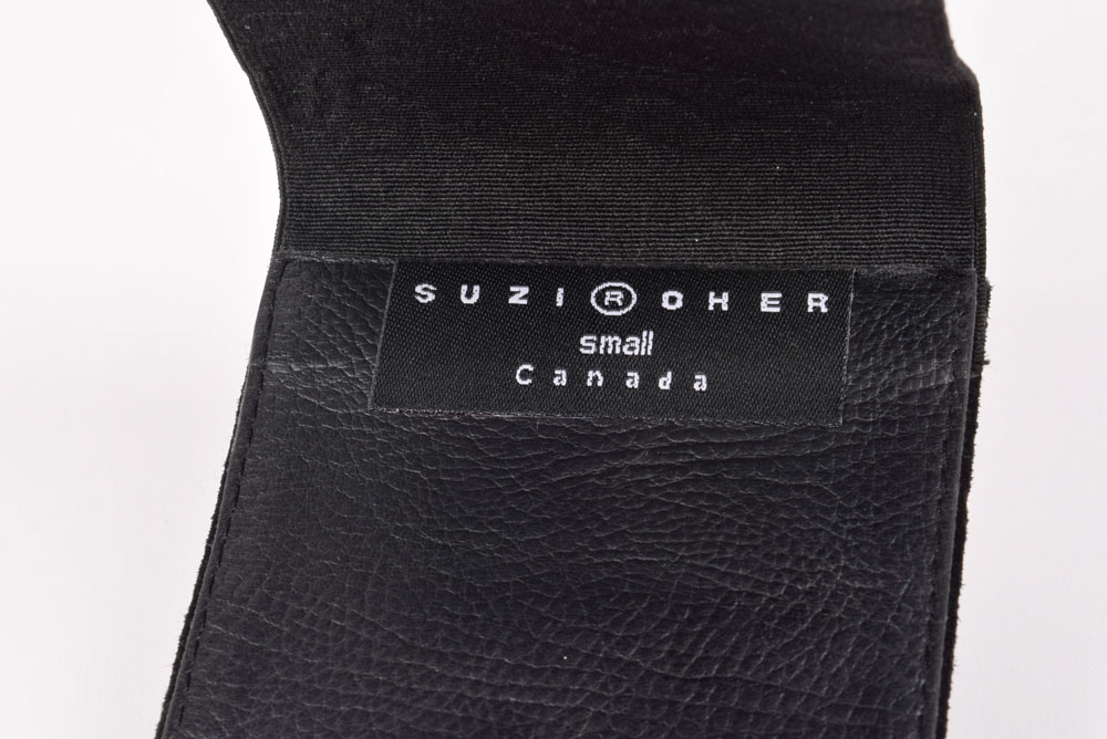 Suzi Roher of Canada Designer Black Belt with Silvertone Cast Buckle with Photo of Tanya Wearing the Belt on Stage