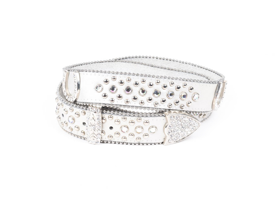 Genuine Leather Belt in Metallic Silver Embellished with Horseshoes and Rhinestones