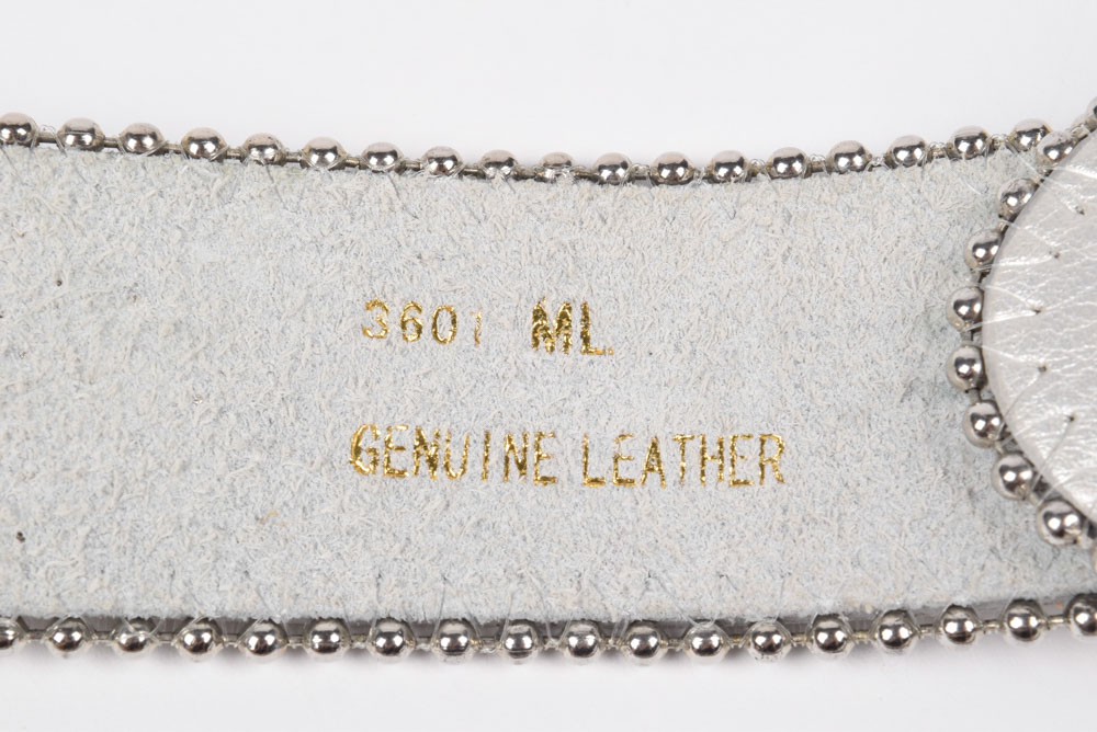 Genuine Leather Belt in Metallic Silver Embellished with Horseshoes and Rhinestones