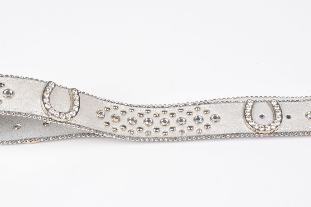 Genuine Leather Belt in Metallic Silver Embellished with Horseshoes and Rhinestones