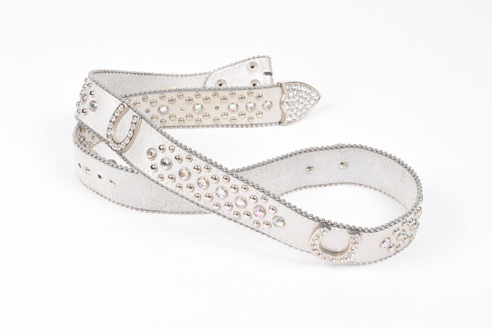 Genuine Leather Belt in Metallic Silver Embellished with Horseshoes and Rhinestones