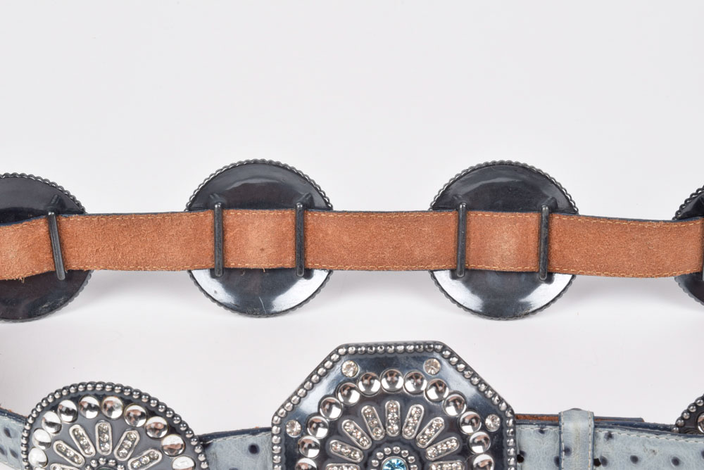Tony Lama of El Paso, Texas Blue Ostrich Leather Belt with Pewtertone Embellished Medallions
