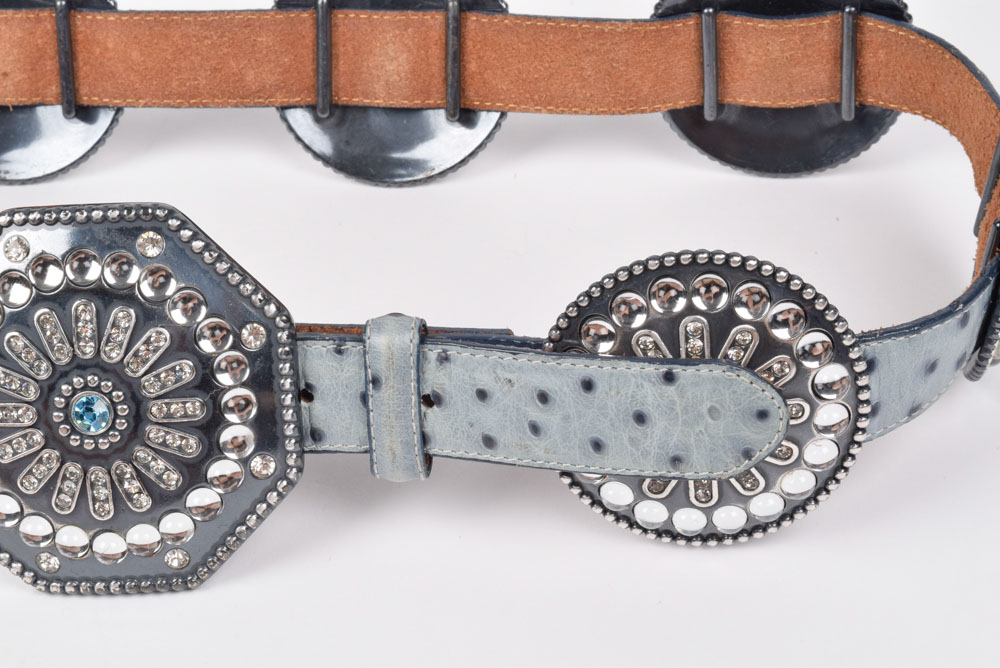 Tony Lama of El Paso, Texas Blue Ostrich Leather Belt with Pewtertone Embellished Medallions