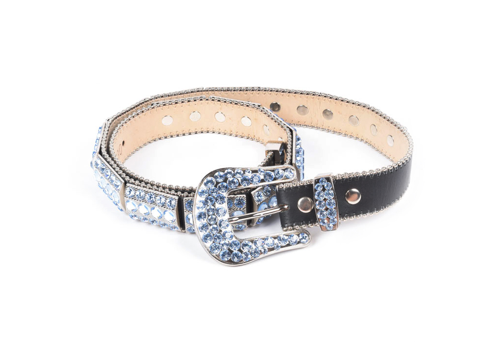 B.B. Simon of California Designer Black Leather Belt with Swarovski Hand Set Blue Crystal Rhinestones