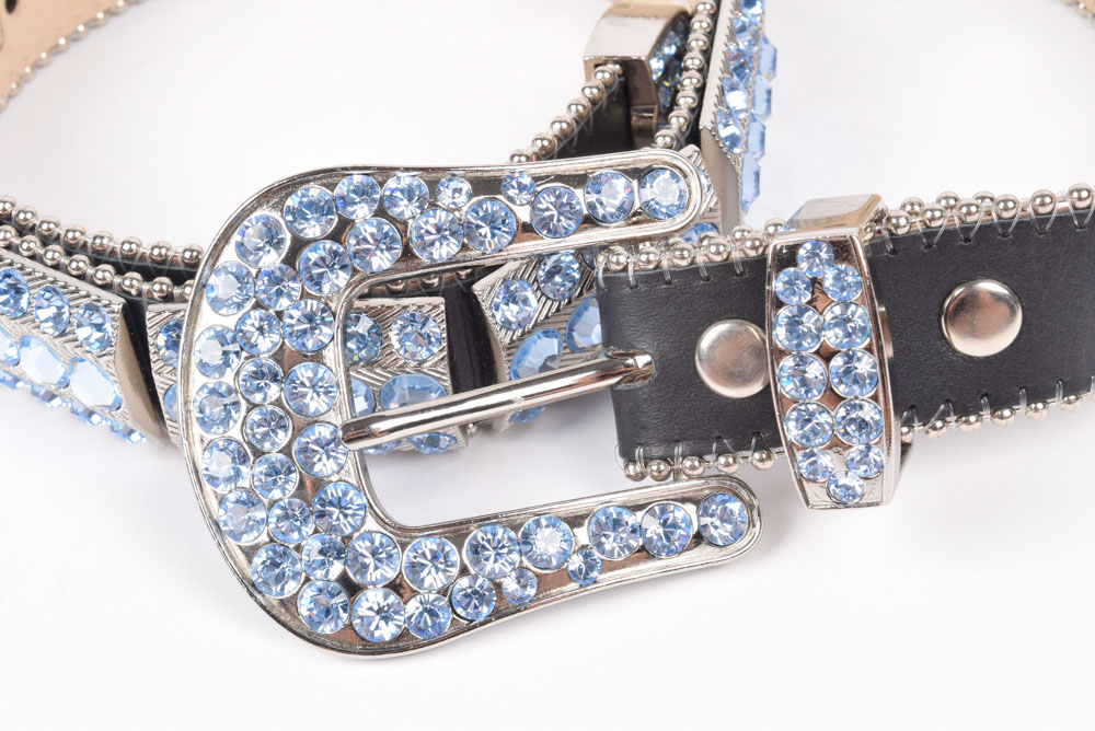 B.B. Simon of California Designer Black Leather Belt with Swarovski Hand Set Blue Crystal Rhinestones