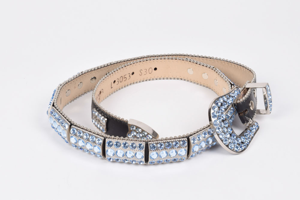 B.B. Simon of California Designer Black Leather Belt with Swarovski Hand Set Blue Crystal Rhinestones