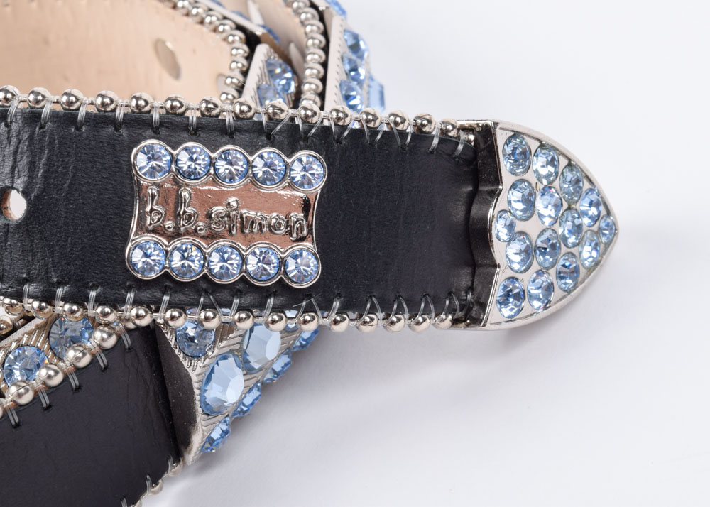 B.B. Simon of California Designer Black Leather Belt with Swarovski Hand Set Blue Crystal Rhinestones