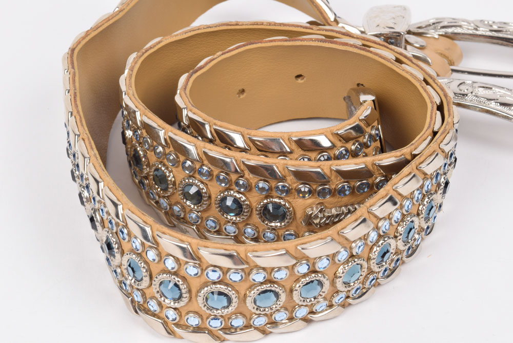 Kippy's Couture Leather Belt with Bezel Set Swarovski Blue Crystal Rhinestones