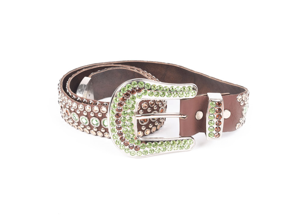 Kippy's Couture Brown Leather Belt with Hand Set Swarovski Crystal Rhinestones and Silvertone Studs