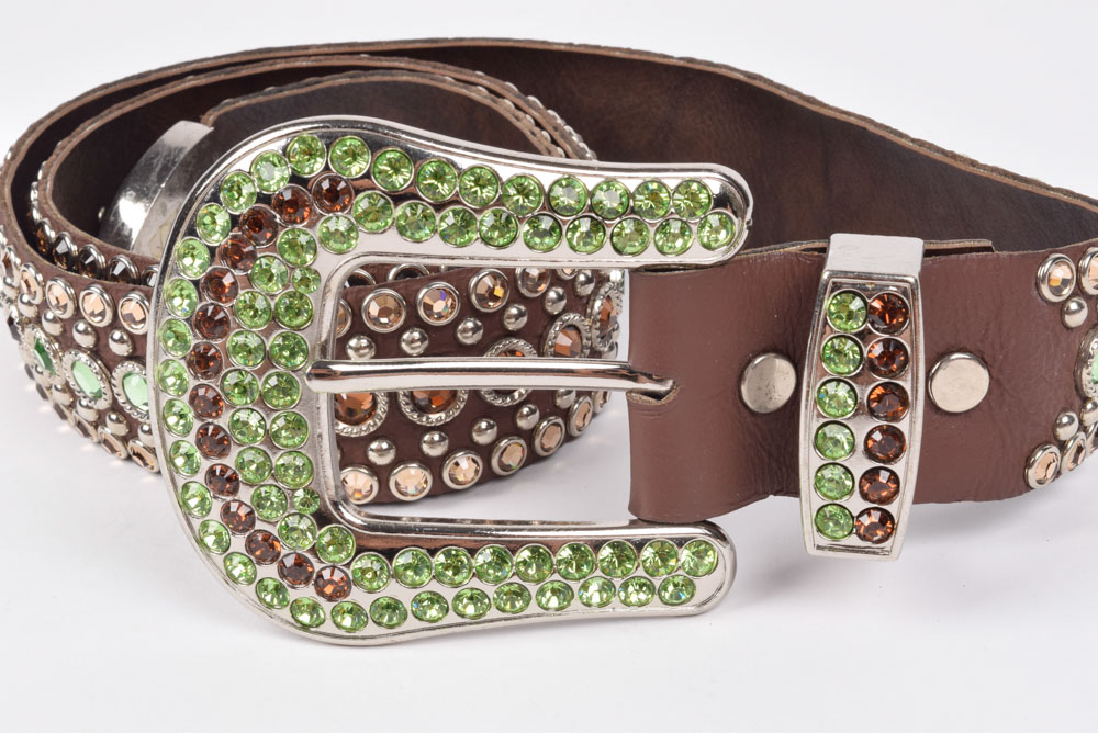 Kippy's Couture Brown Leather Belt with Hand Set Swarovski Crystal Rhinestones and Silvertone Studs