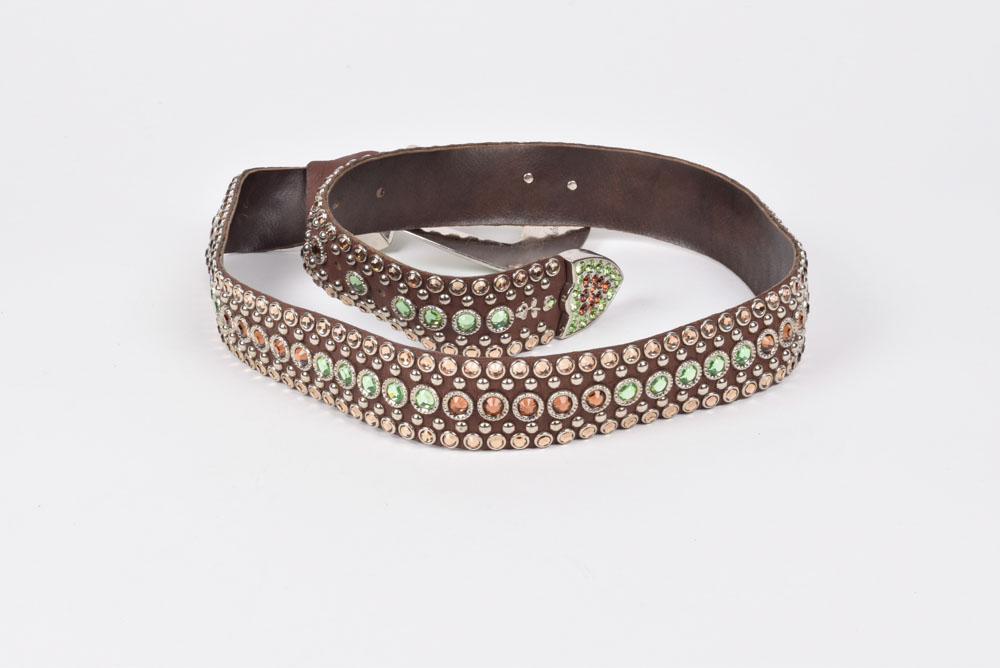 Kippy's Couture Brown Leather Belt with Hand Set Swarovski Crystal Rhinestones and Silvertone Studs