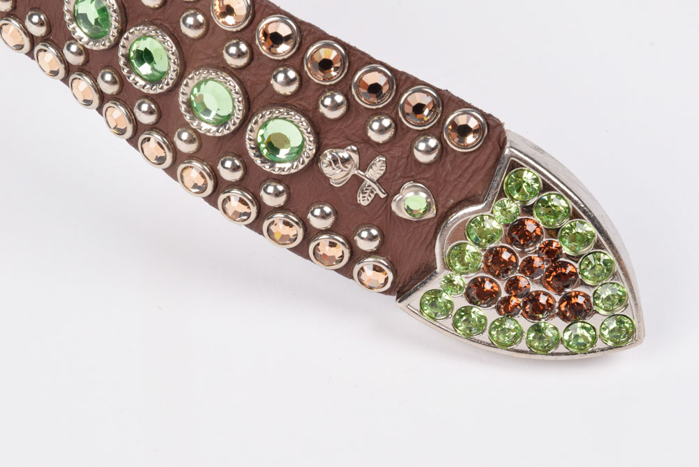 Kippy's Couture Brown Leather Belt with Hand Set Swarovski Crystal Rhinestones and Silvertone Studs