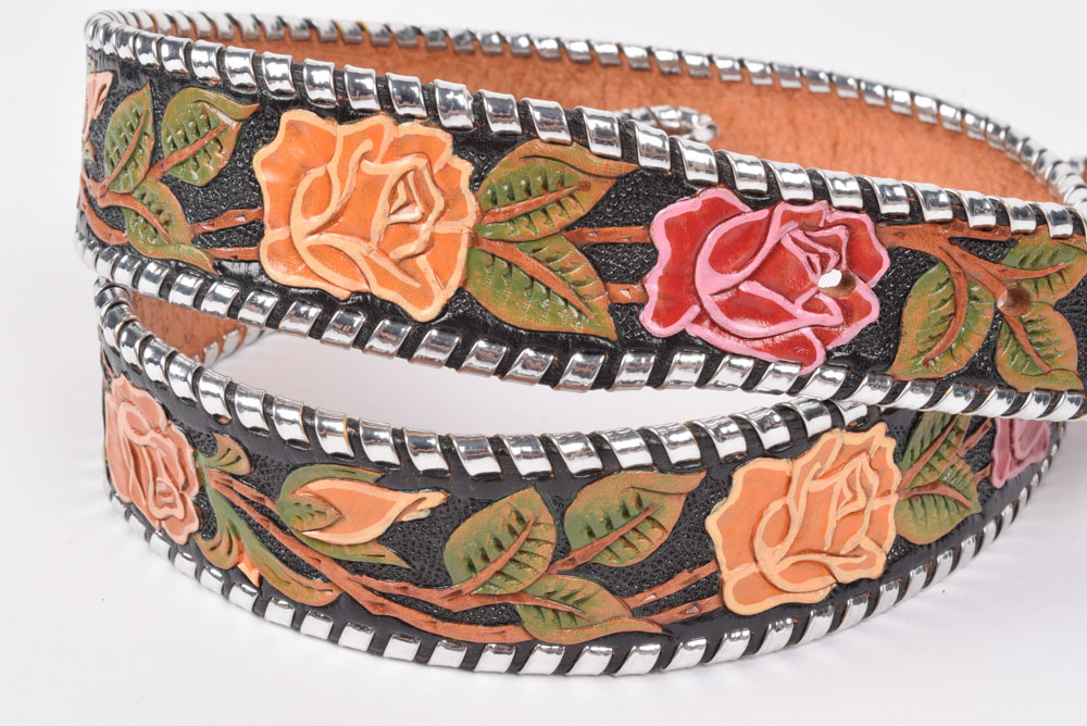 Hand Tooled Leather Belt with Hand Decorated Roses