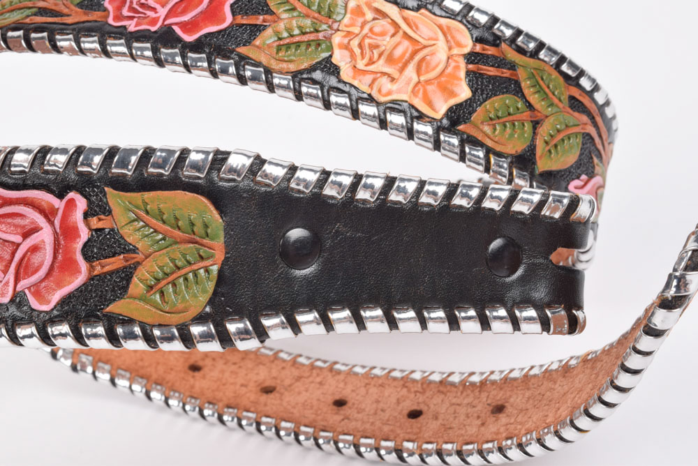 Hand Tooled Leather Belt with Hand Decorated Roses