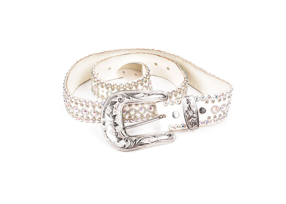 Kippy's Couture White Leather Belt Embellished with Swarovski Rhinestones and Silvertone Studs