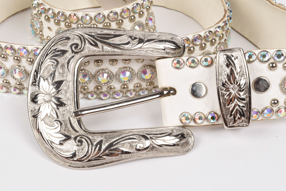 Kippy's Couture White Leather Belt Embellished with Swarovski Rhinestones and Silvertone Studs