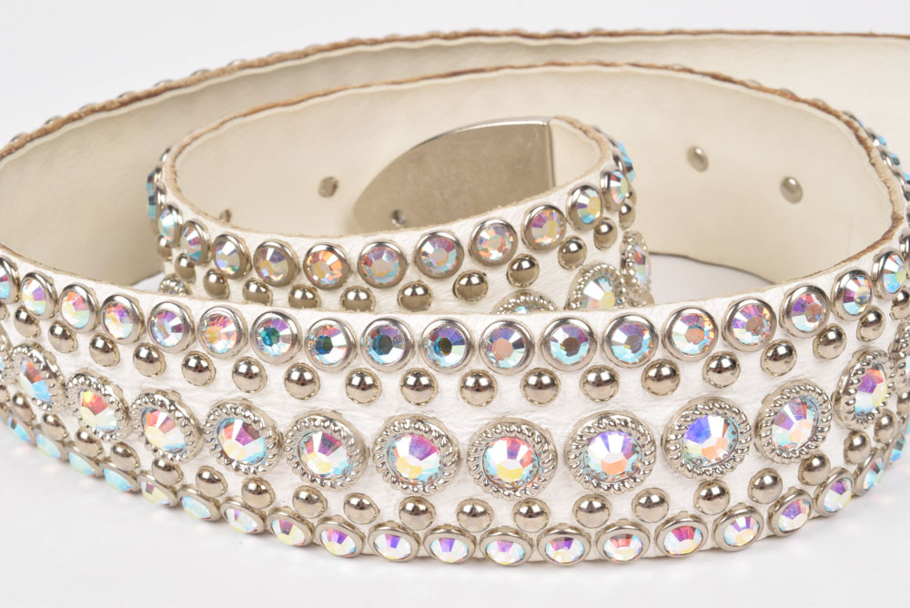 Kippy's Couture White Leather Belt Embellished with Swarovski Rhinestones and Silvertone Studs