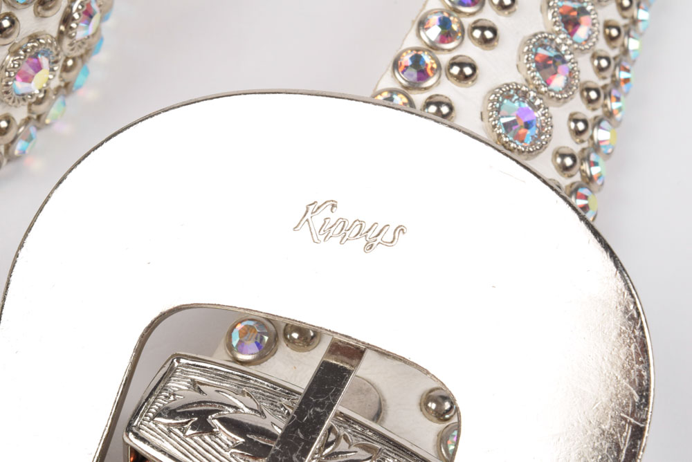 Kippy's Couture White Leather Belt Embellished with Swarovski Rhinestones and Silvertone Studs
