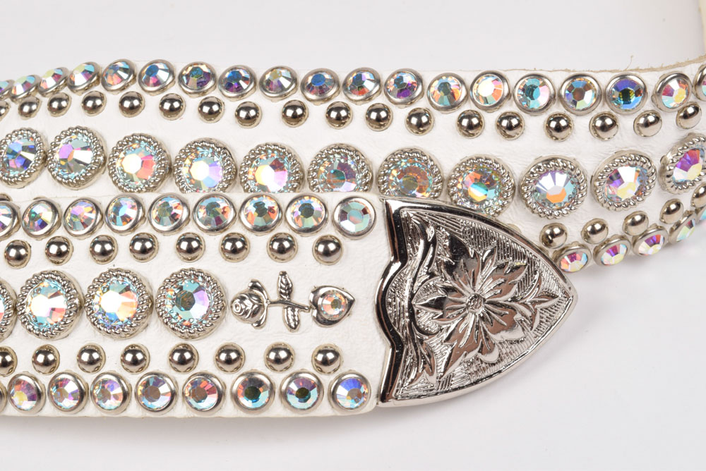 Kippy's Couture White Leather Belt Embellished with Swarovski Rhinestones and Silvertone Studs