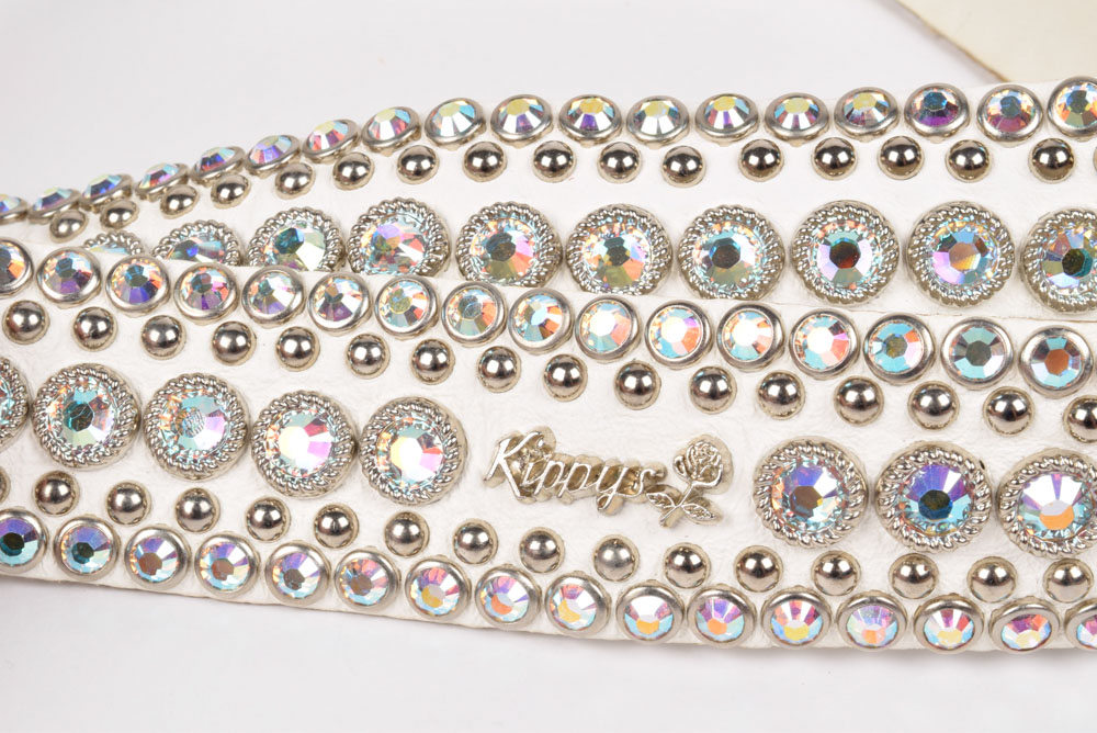 Kippy's Couture White Leather Belt Embellished with Swarovski Rhinestones and Silvertone Studs