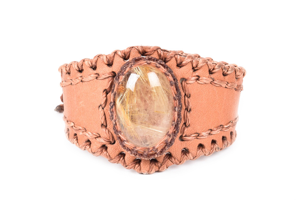 Handmade Leather Cuff Bracelet with Rutilated Cabochon