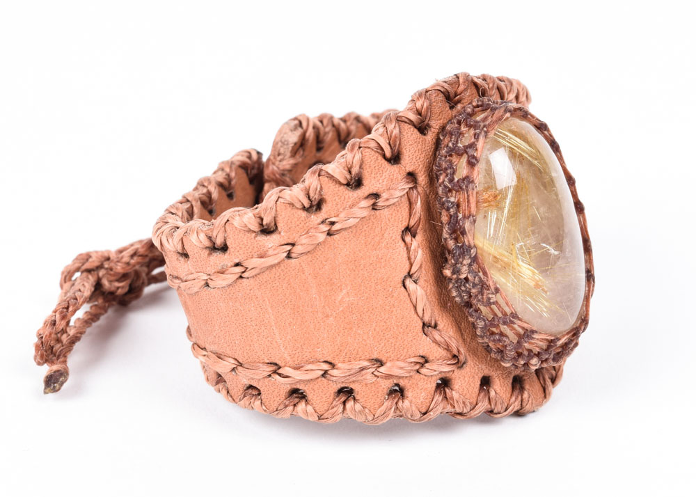 Handmade Leather Cuff Bracelet with Rutilated Cabochon