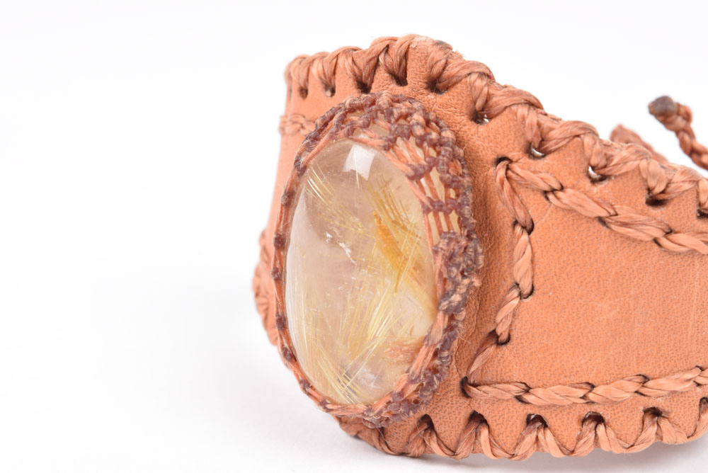 Handmade Leather Cuff Bracelet with Rutilated Cabochon