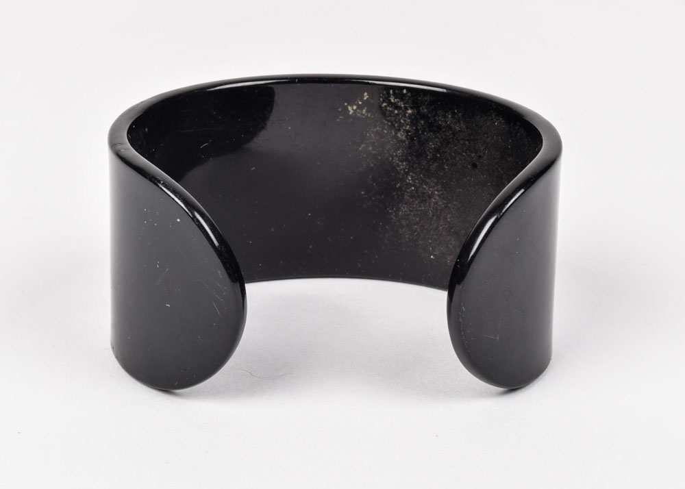 Rhinestone Encrusted "T" Initial Black Acrylic Cuff