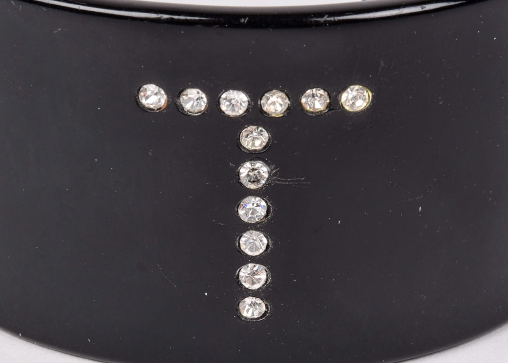 Rhinestone Encrusted "T" Initial Black Acrylic Cuff