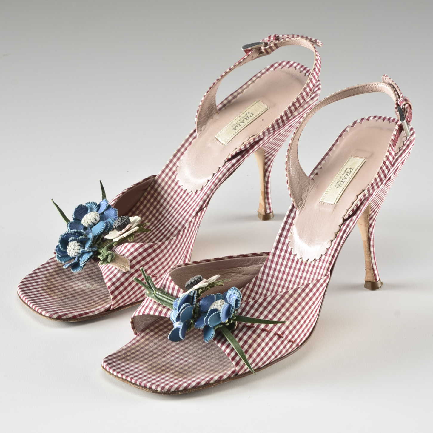 Prada Designer Sling Back Open Toe Gingham Pumps