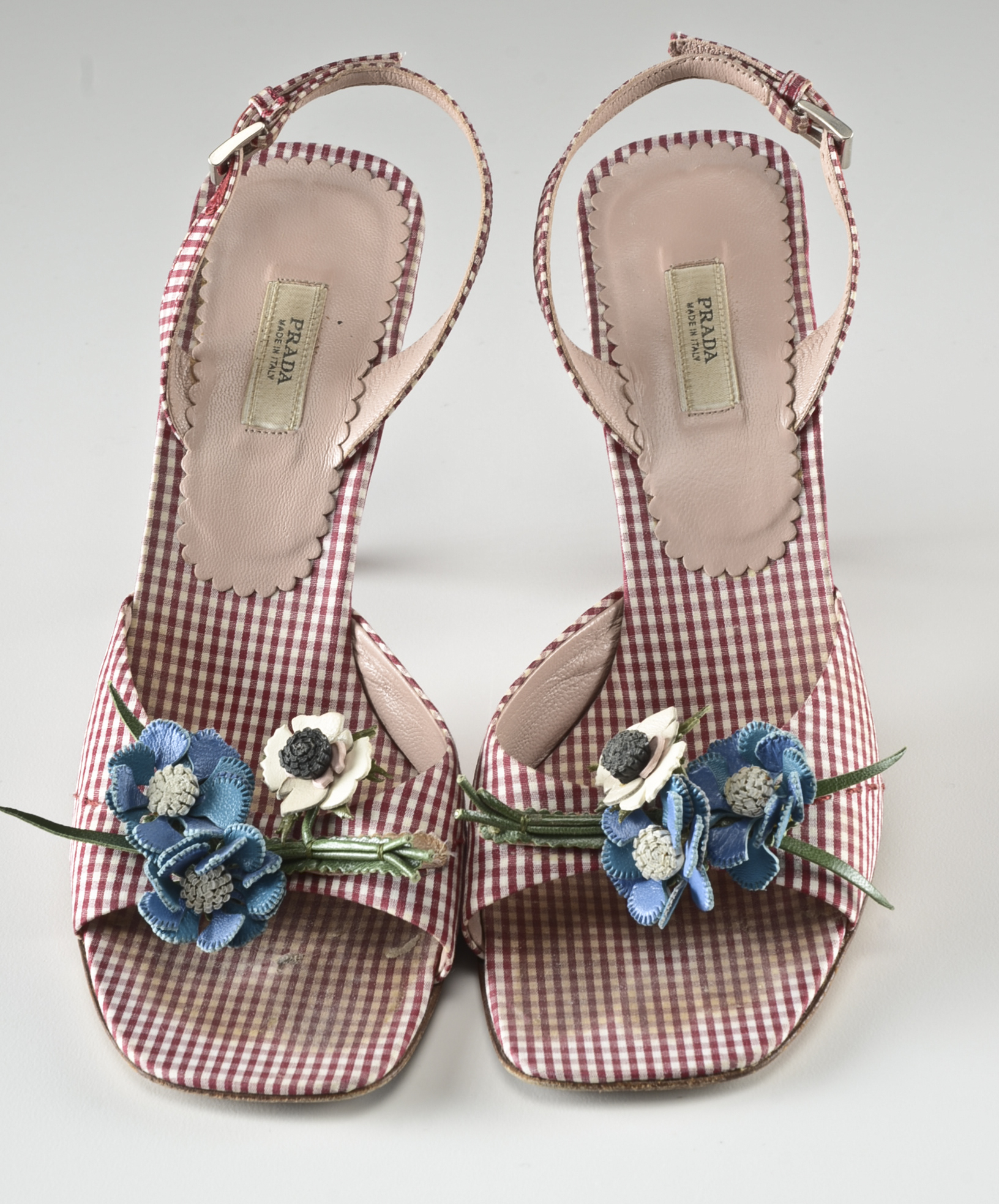 Prada Designer Sling Back Open Toe Gingham Pumps