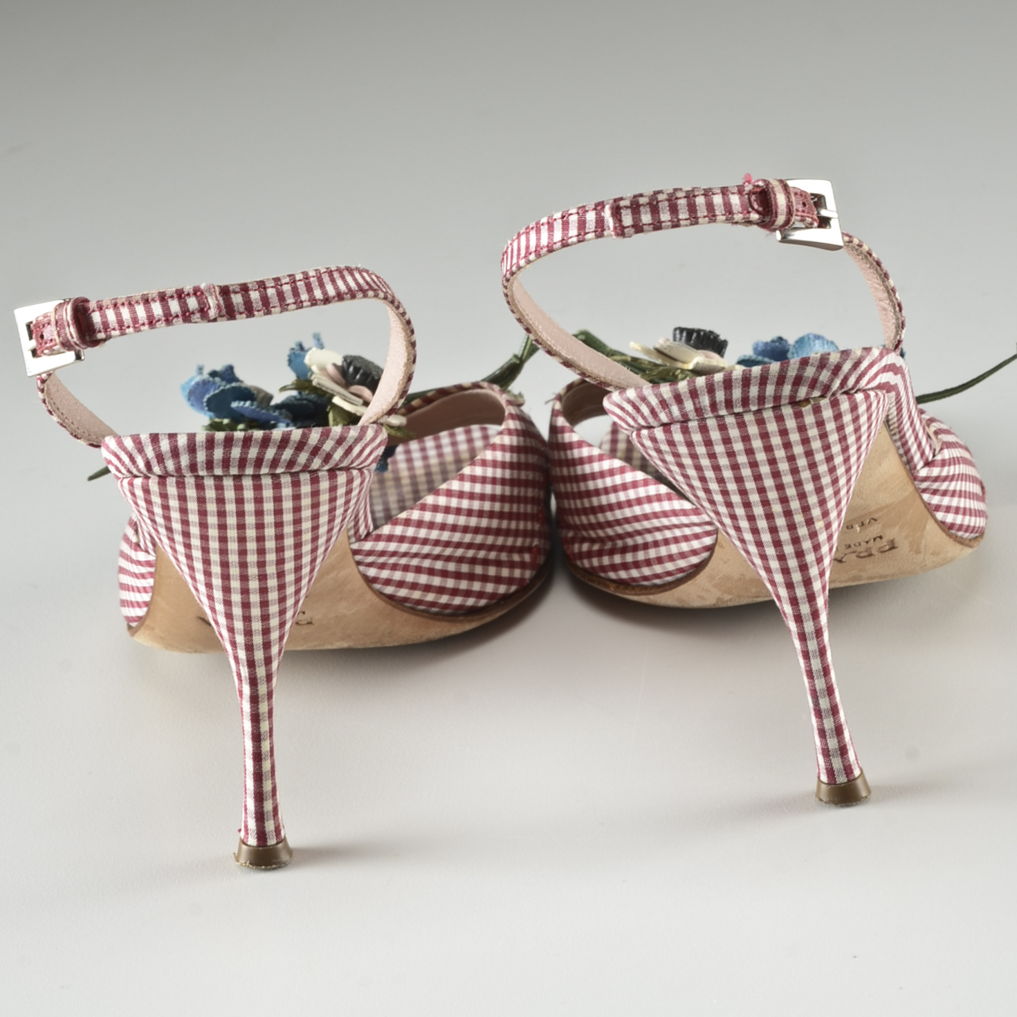 Prada Designer Sling Back Open Toe Gingham Pumps