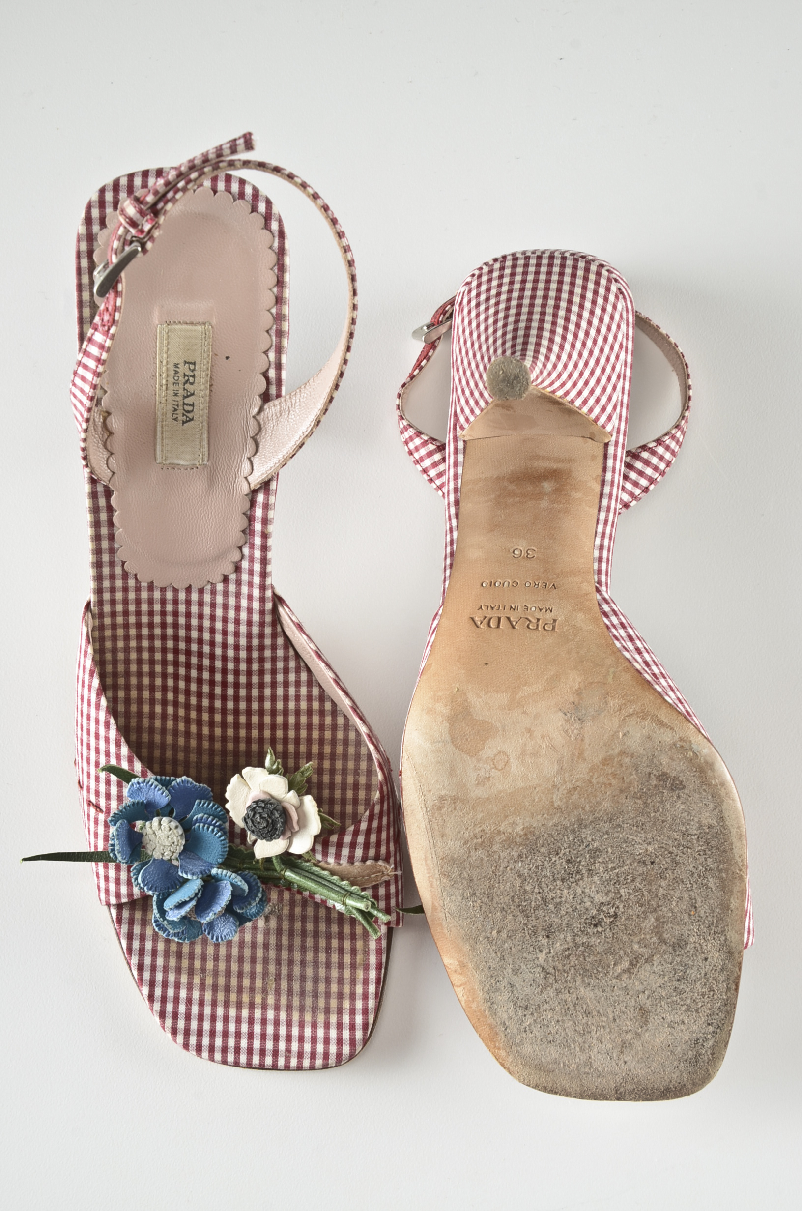 Prada Designer Sling Back Open Toe Gingham Pumps