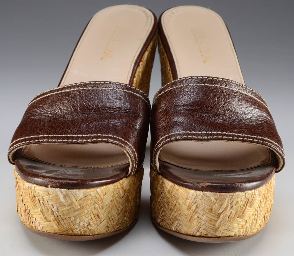 Prada Designer Straw and Leather Espadrille Wedges