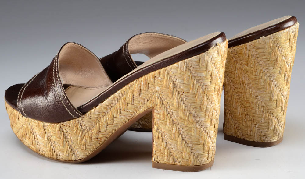 Prada Designer Straw and Leather Espadrille Wedges