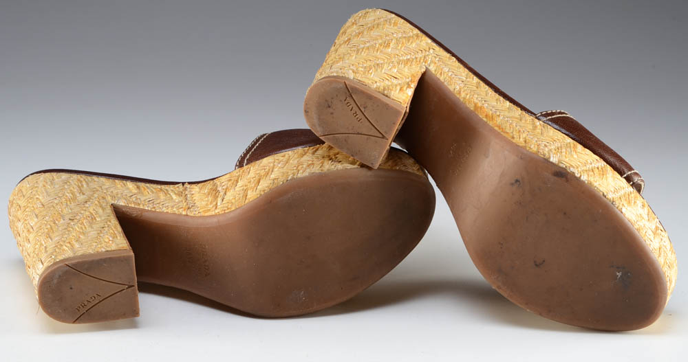 Prada Designer Straw and Leather Espadrille Wedges