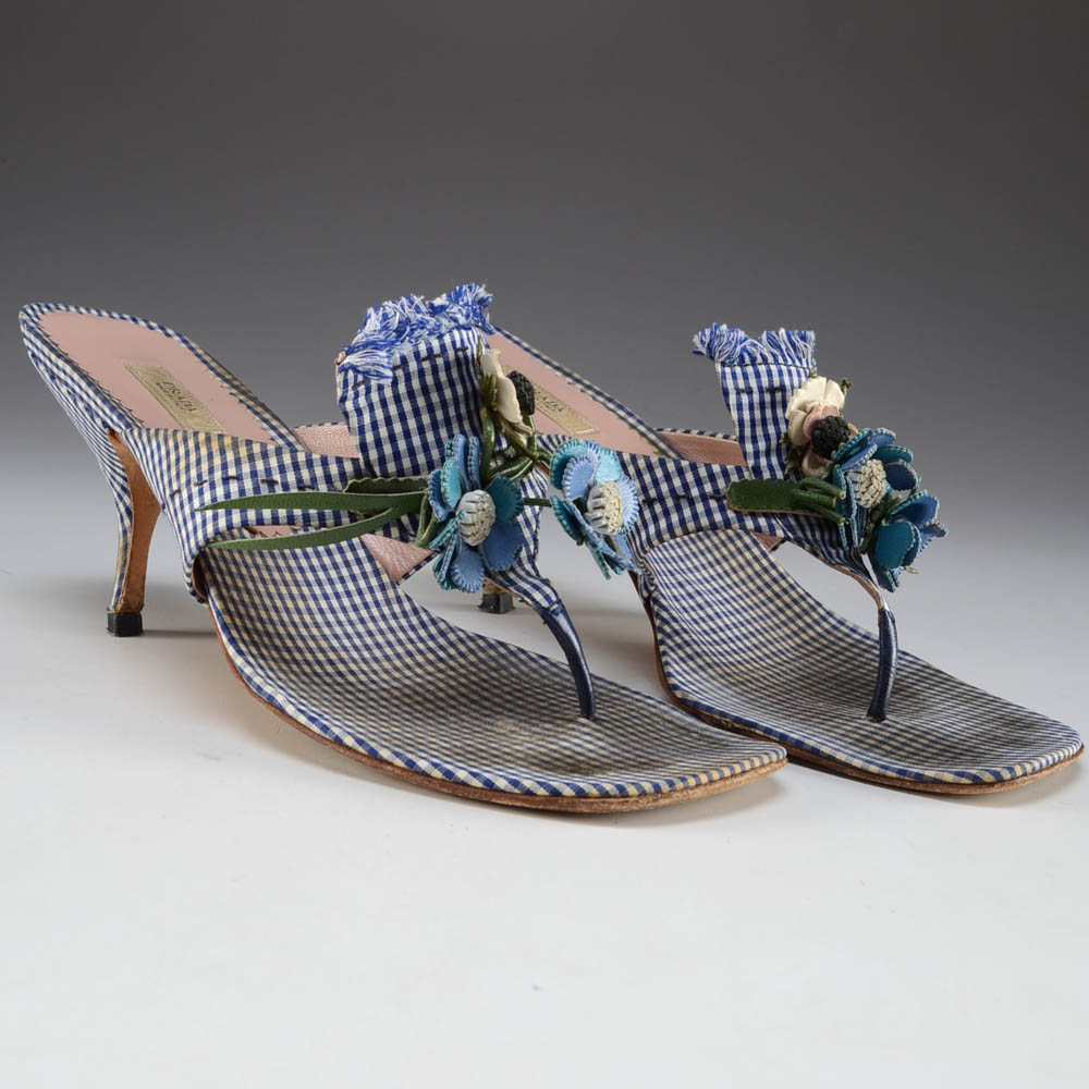 Prada Gingham High Heeled Thong Sandals