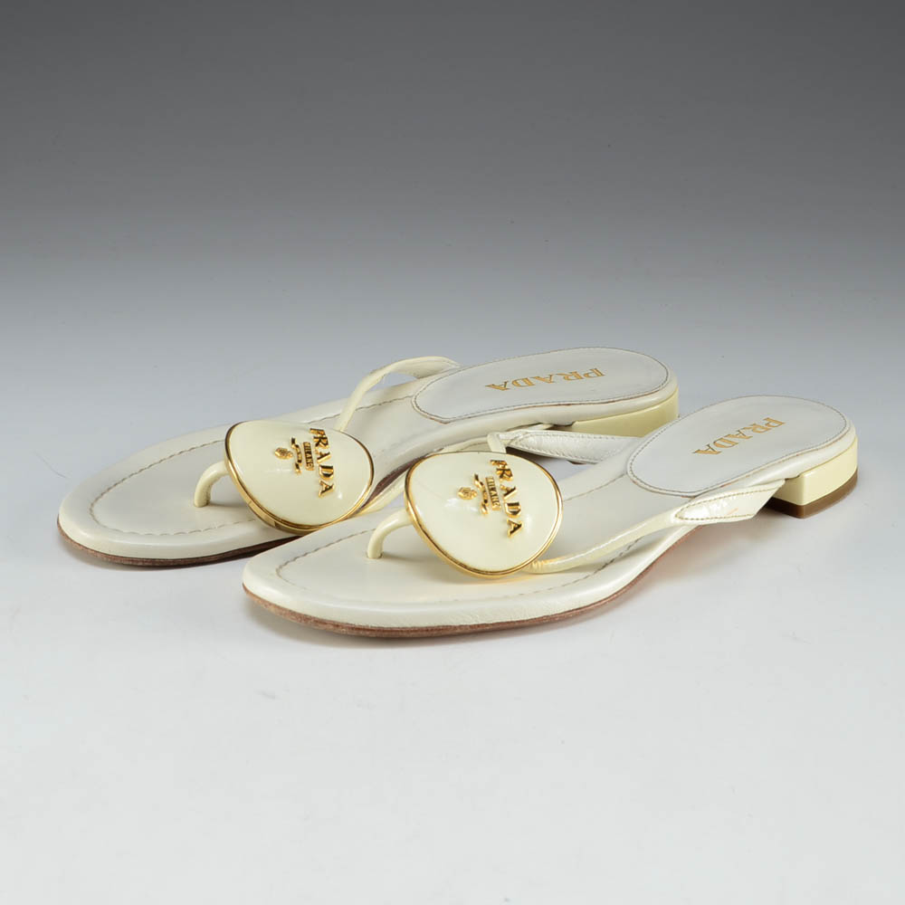 Prada Designer White Leather and Enamel Logo Sandals
