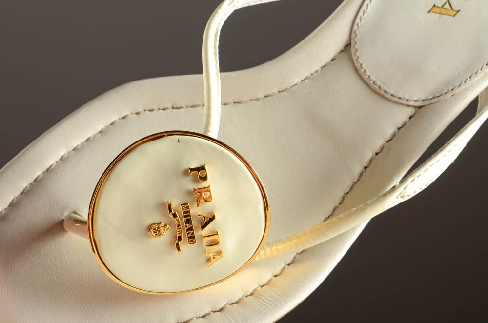 Prada Designer White Leather and Enamel Logo Sandals