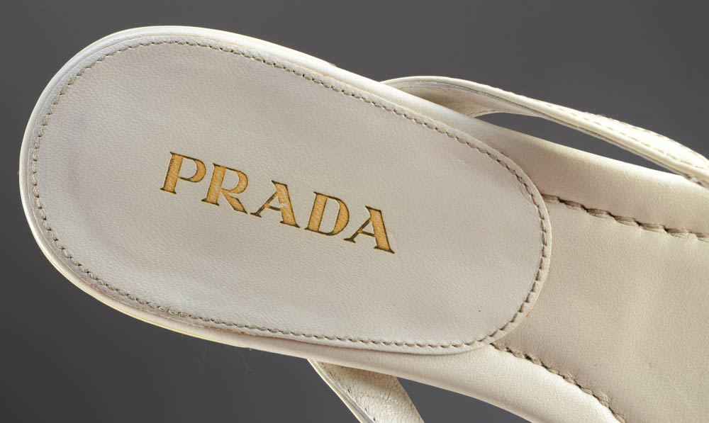 Prada Designer White Leather and Enamel Logo Sandals