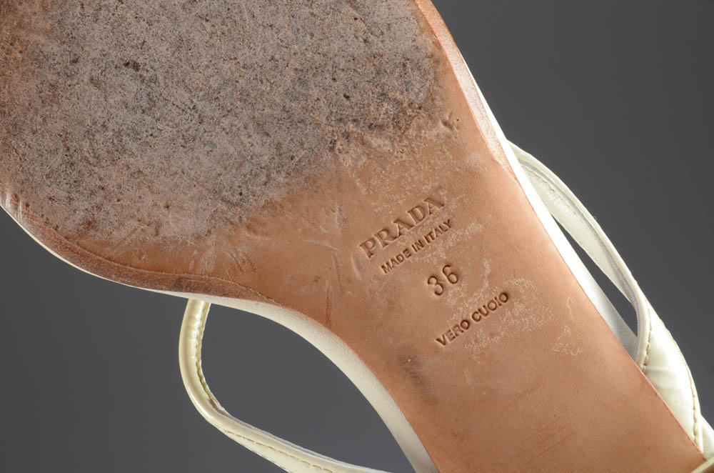 Prada Designer White Leather and Enamel Logo Sandals