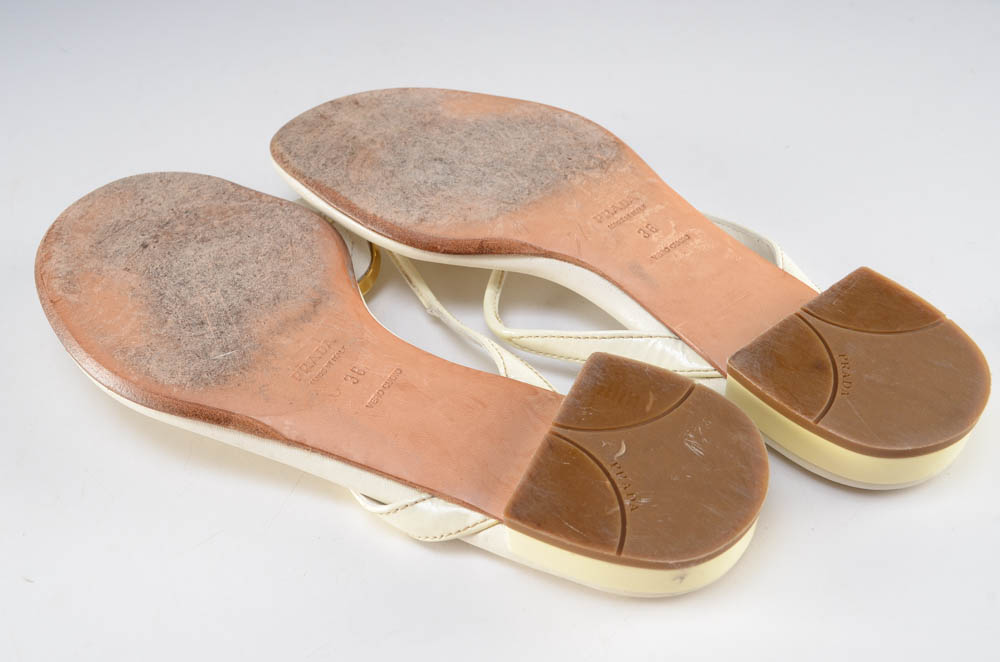 Prada Designer White Leather and Enamel Logo Sandals