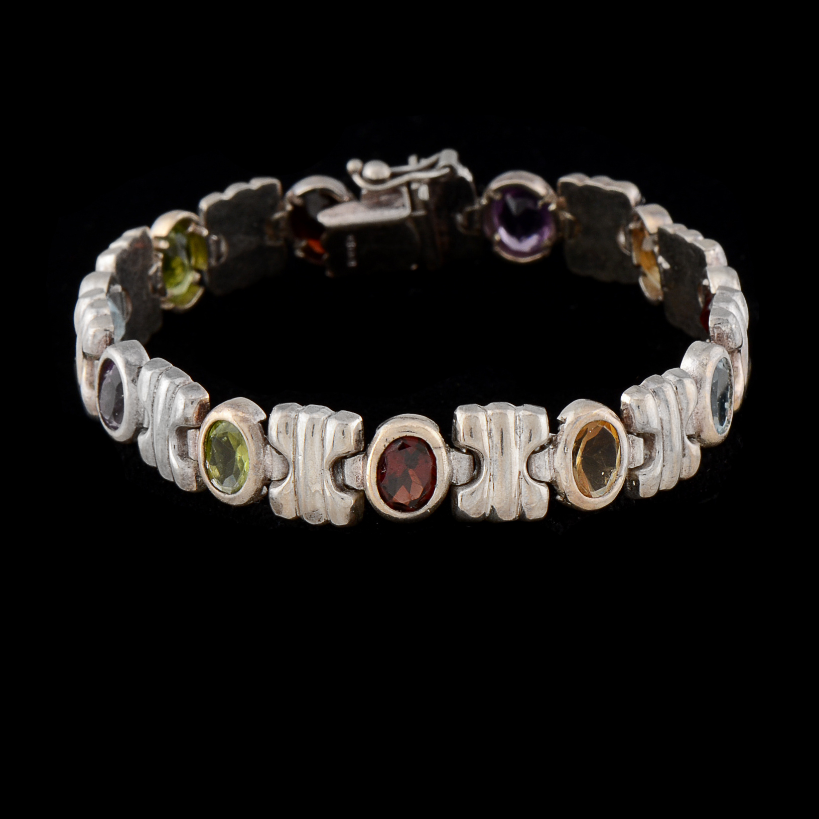 Sterling Silver Multi-Colored Stone Link Bracelet